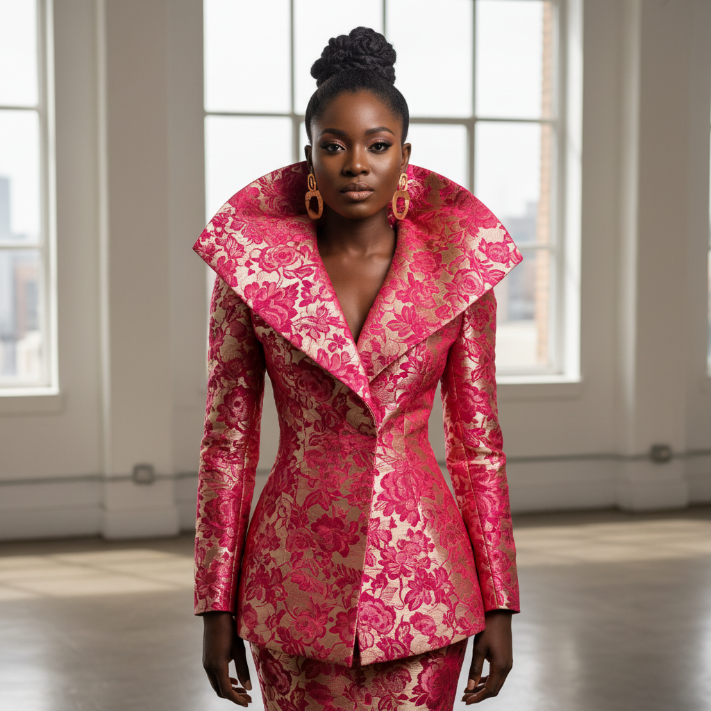 Statement Collar Jacket - A bold structured jacket with an oversized statement collar in pink brocade, per
