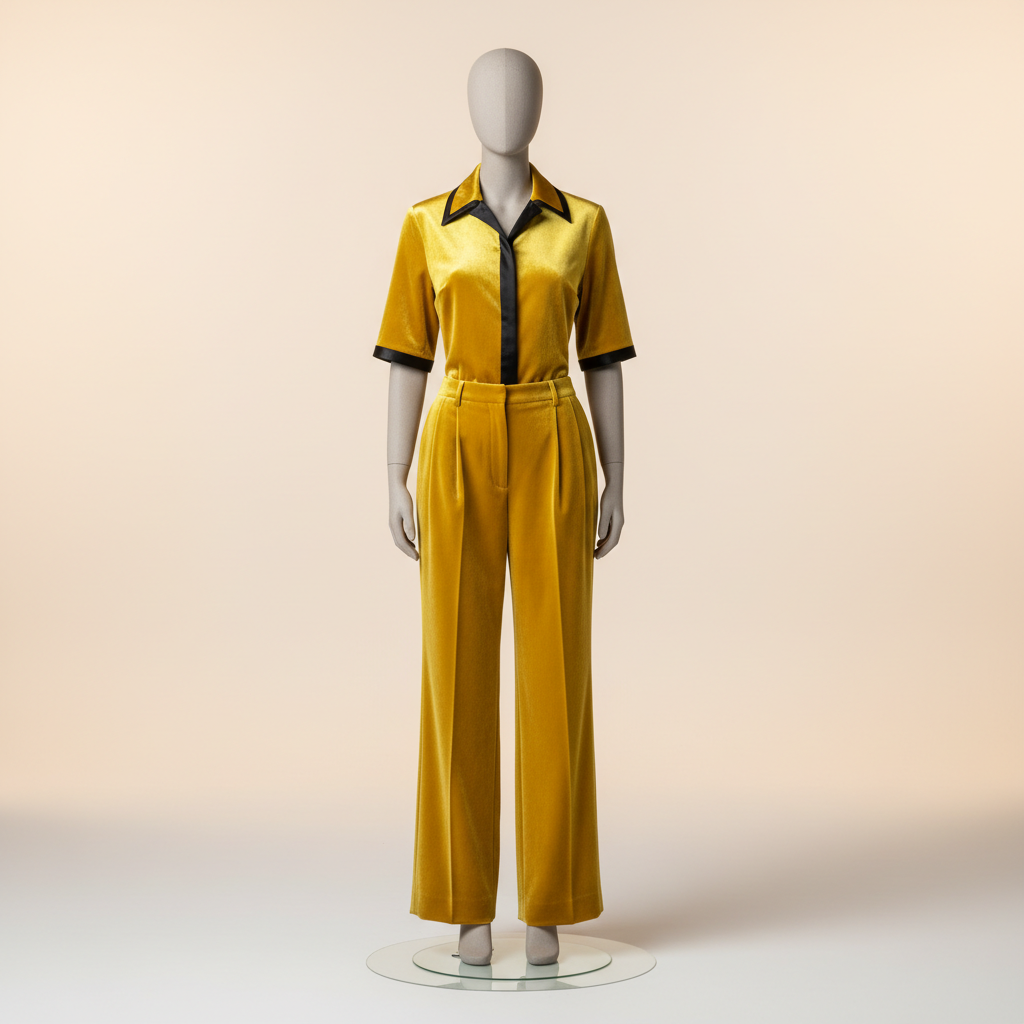 The Golden Velvet Suit - A striking bright yellow velvet short-sleeved top with black trim, paired with c