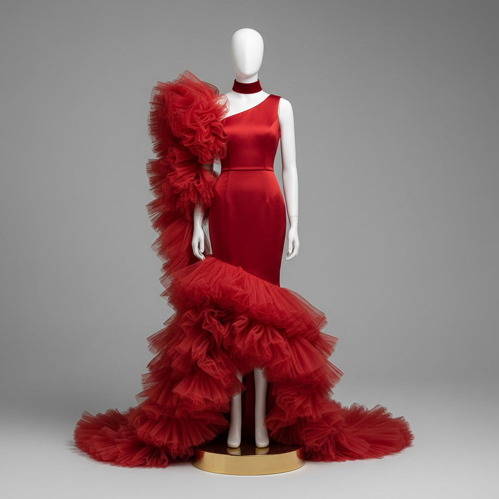 The Red One-Shoulder Ruffle Mermaid - A striking red one-shoulder mermaid gown with a dramatic ruffled organza sleeve