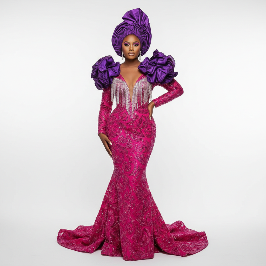 The Fuchsia Sovereign Aso Ebi - A stunning fuchsia beaded lace asoebi gown with dramatic oversized 3D fabric flo