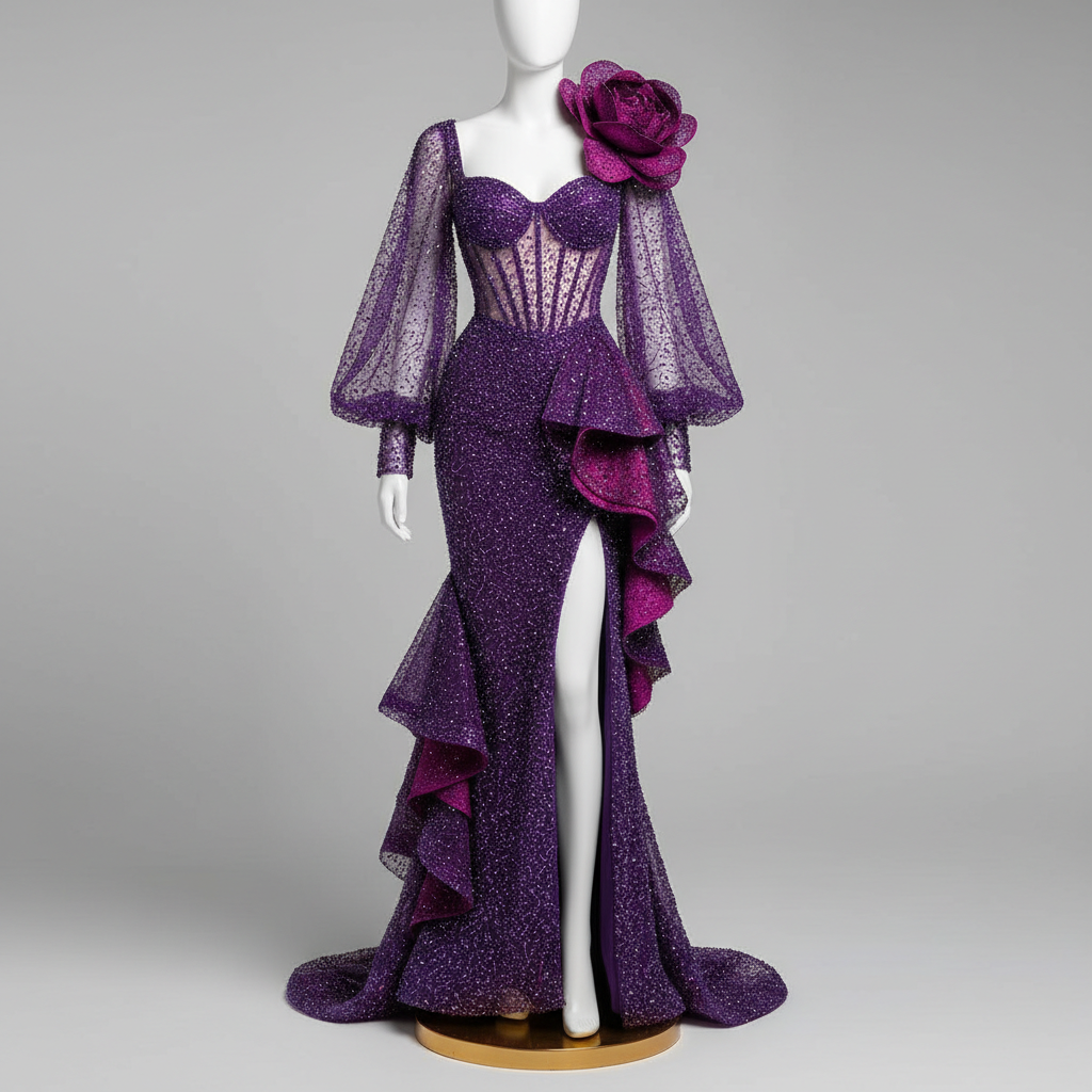 The Amethyst Crystal Corset Mermaid - A show-stopping deep purple violet crystal-beaded corset mermaid gown with a swe