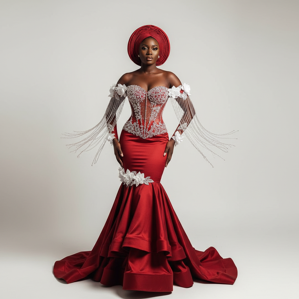 The Red Crystal Bridal Mermaid - A showstopping crimson red off-shoulder mermaid gown with a sheer crystal corset