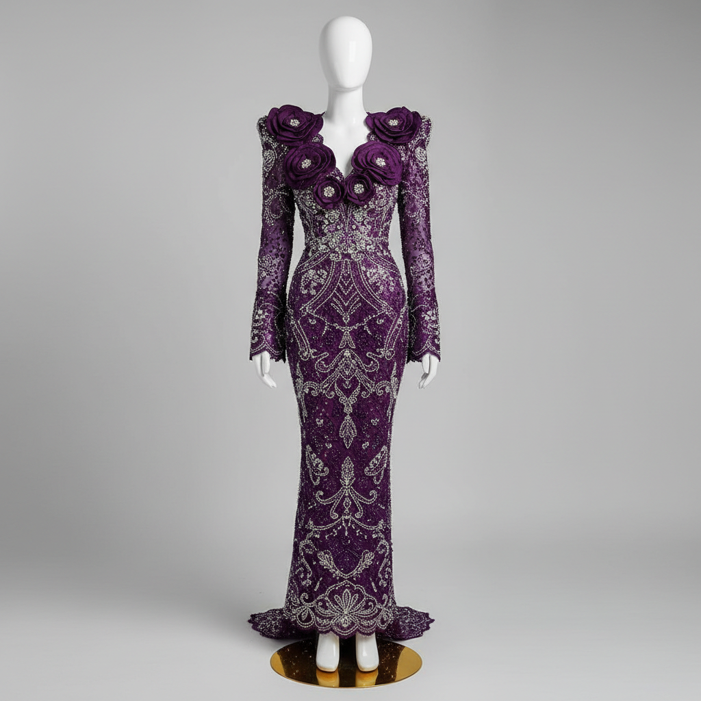 The Purple Aso Ebi Beaded Gown - A magnificent deep purple heavily beaded Nigerian Aso-Ebi gown with structured p