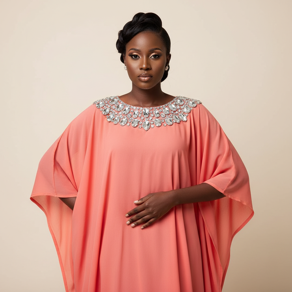 The Coral Crystal Beaded Kaftan - A lovely coral/salmon pink short-sleeve kaftan with a dramatic crystal rhineston
