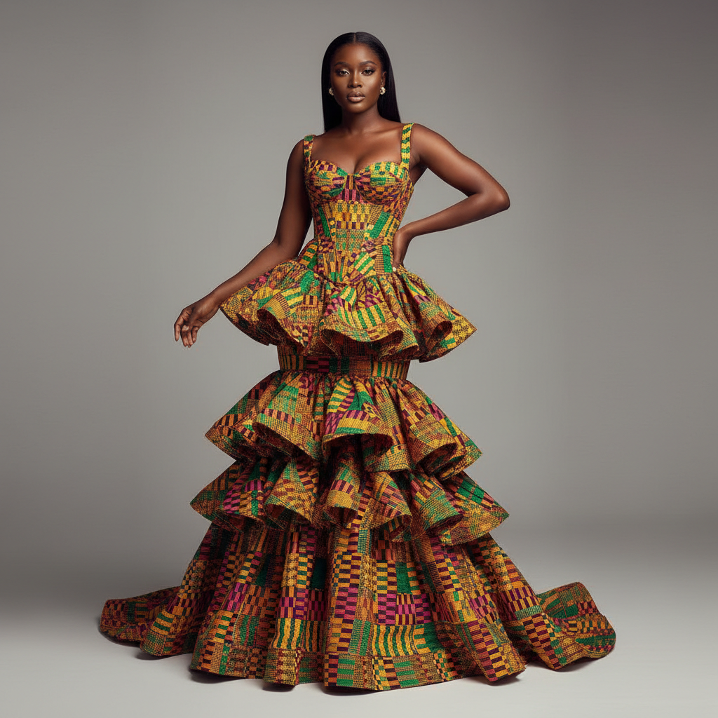 The Kente Geometric Tiered Dress - A bold celebration of African textile heritage: a vivid kente-inspired multi-col