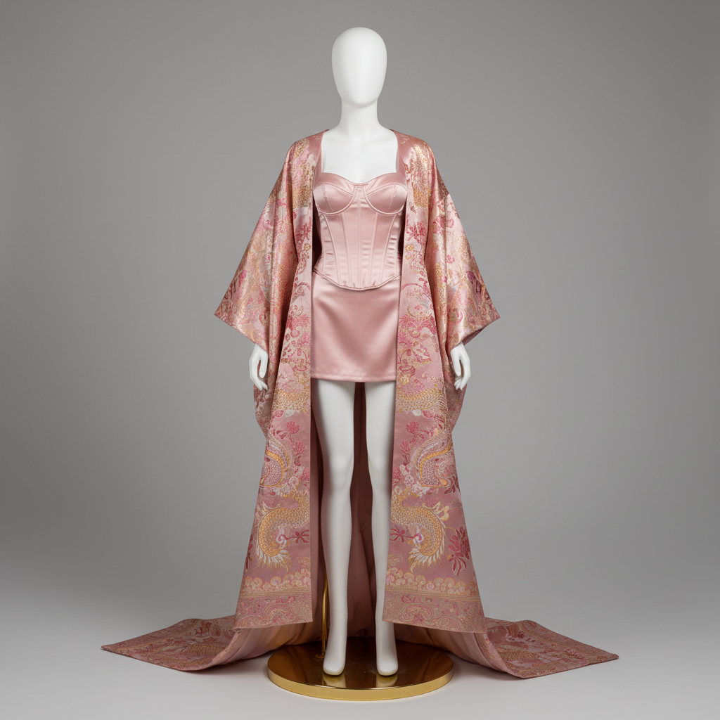 The Pink Corset & Gold Brocade Kimono Set - A stunning three-piece: a pink satin structured corset bustier, a matching pink