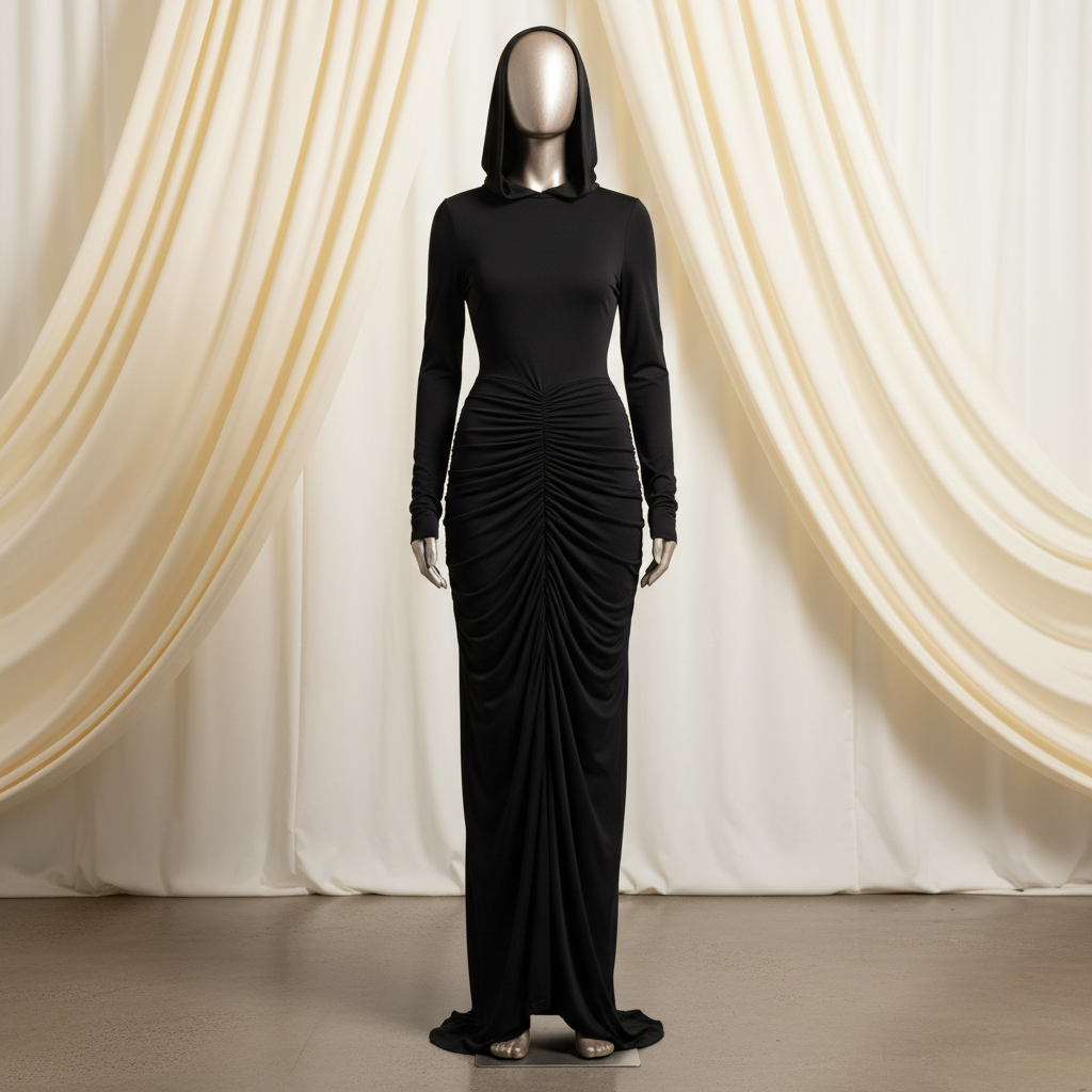 Hoodie Ruched Maxi Gown - A smooth, sleek floor-length hoodie maxi gown with a form-fitting gathered ruche