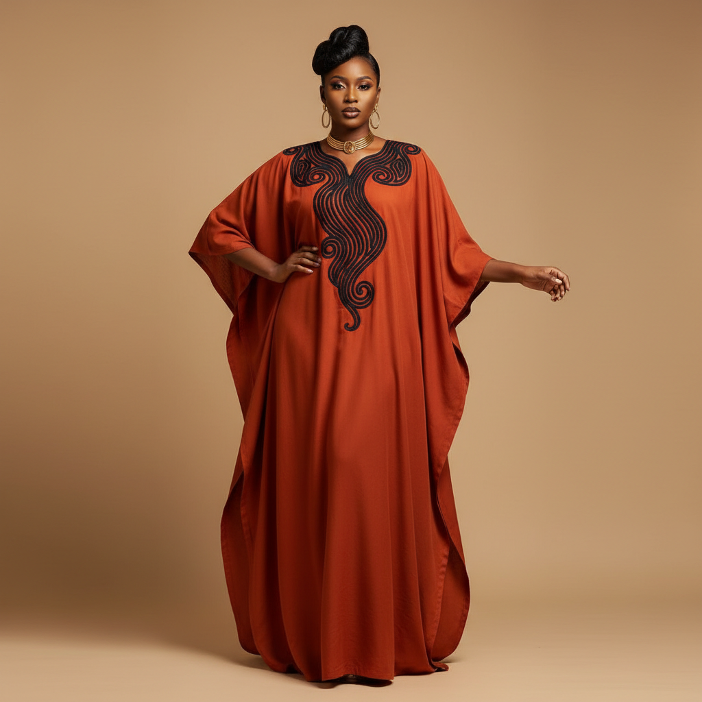 The Orange & Black Embroidered Kaftan - An orange/brick red short-sleeve kaftan with a dramatic large black embroidered