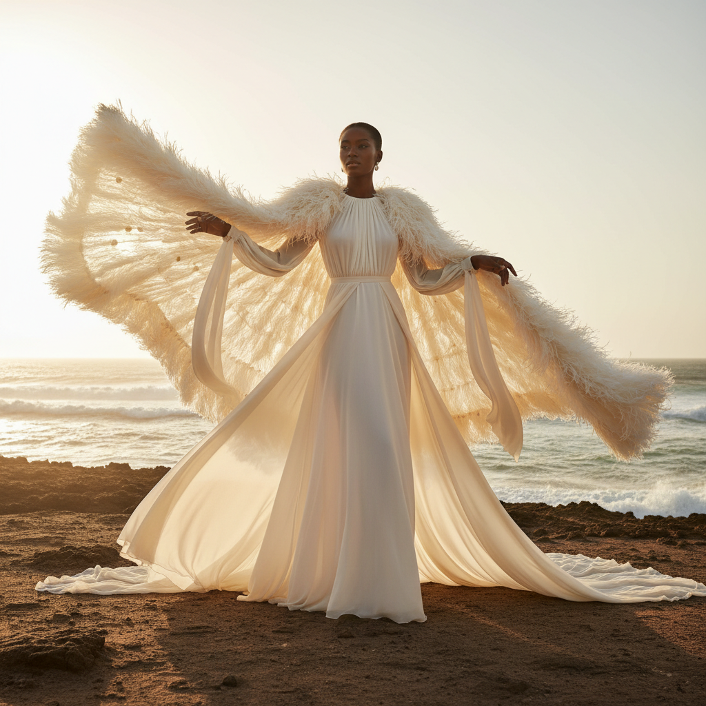 Cream Chiffon Cape Gown - An ethereal cream gown with a dramatic oversized feathered cape, creating a grac