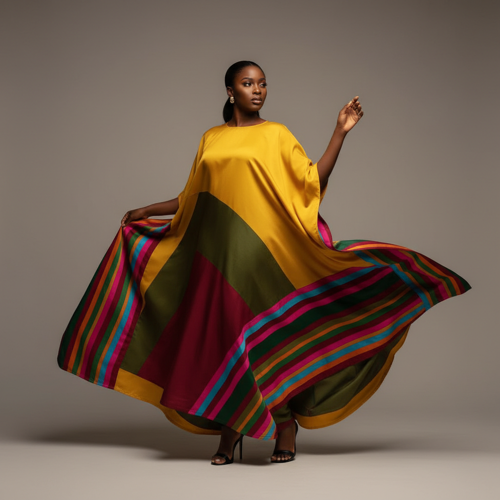The Yellow Geo Patchwork Kaftan - A vibrant yellow kaftan with dramatic colorblock geometric patchwork panels in o