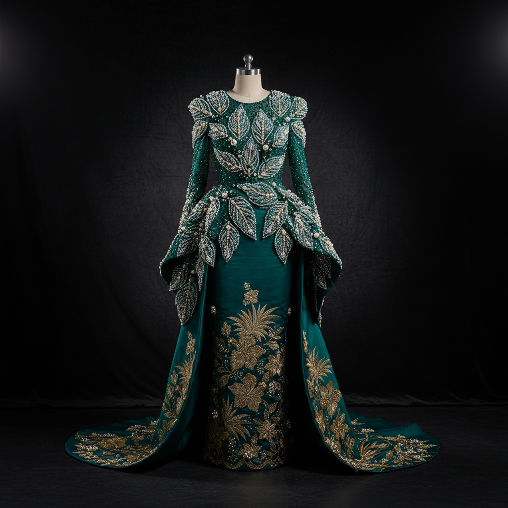 The Teal Leaf Sculptural Gown - A jaw-dropping teal gown adorned with hand-stitched oversized leaf appliqués cov