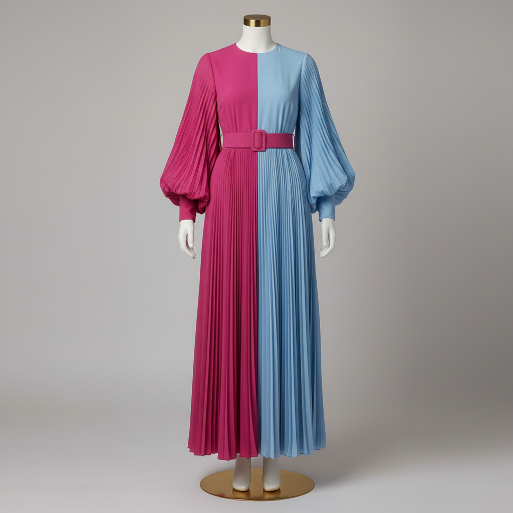 The Blue & Pink Color-block Pleated Gown - A dramatic pink and sky blue color-block pleated maxi gown with oversized balloo