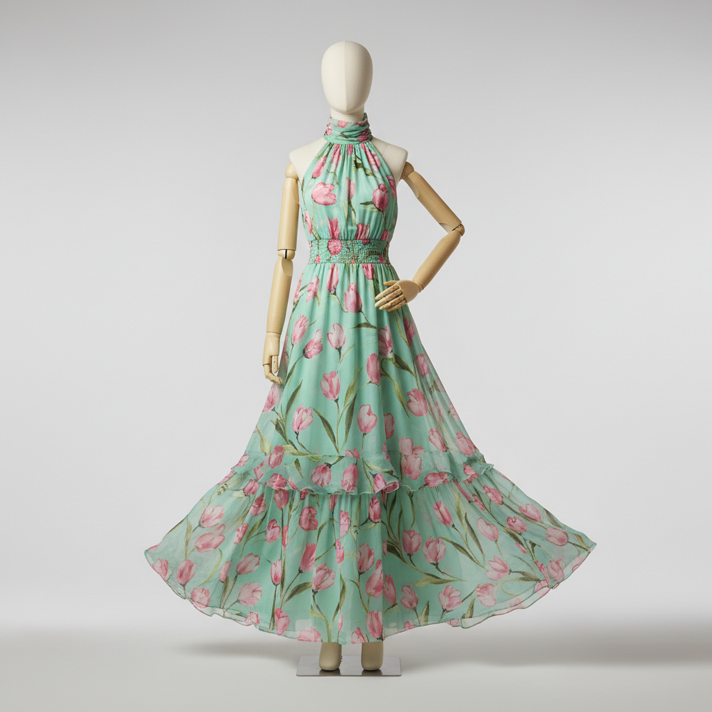 The Mint Tulip Halter Gown - A refreshing mint green high-neck halter gown detailed with hand-painted pink tu