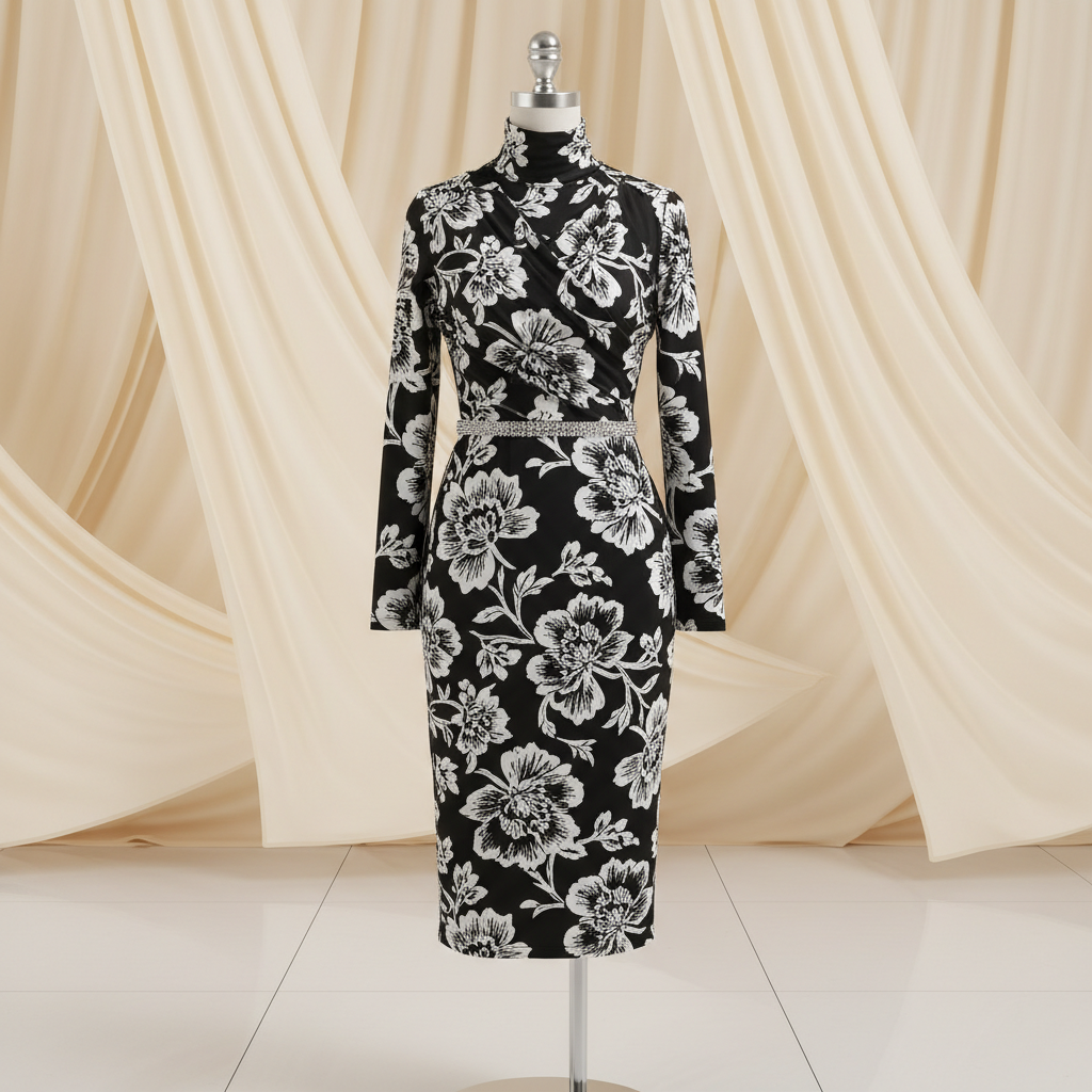 The Black & White Floral Turtleneck Midi - A striking long-sleeve turtleneck fitted midi dress in bold black and white flor
