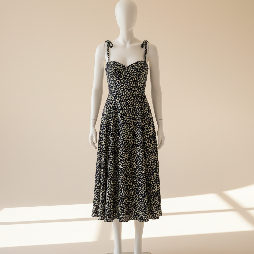The Chloe Ditsy Floral Midi - An elegant midi dress in classic black and white ditsy floral print with delicat