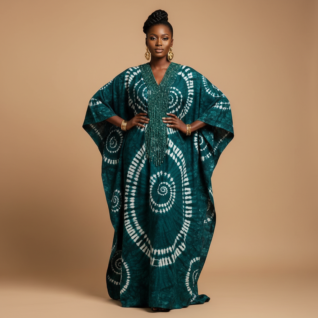 The Teal Adire Wave Batik Kaftan - A stunning deep teal/green adire tie-dye batik kaftan with white wave and circle