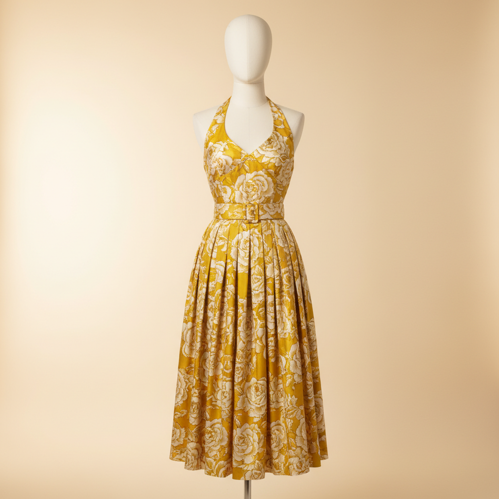 The Yellow Rose Paisley Midi - A vintage-inspired halter midi dress adorned with golden-yellow rose paisley pri