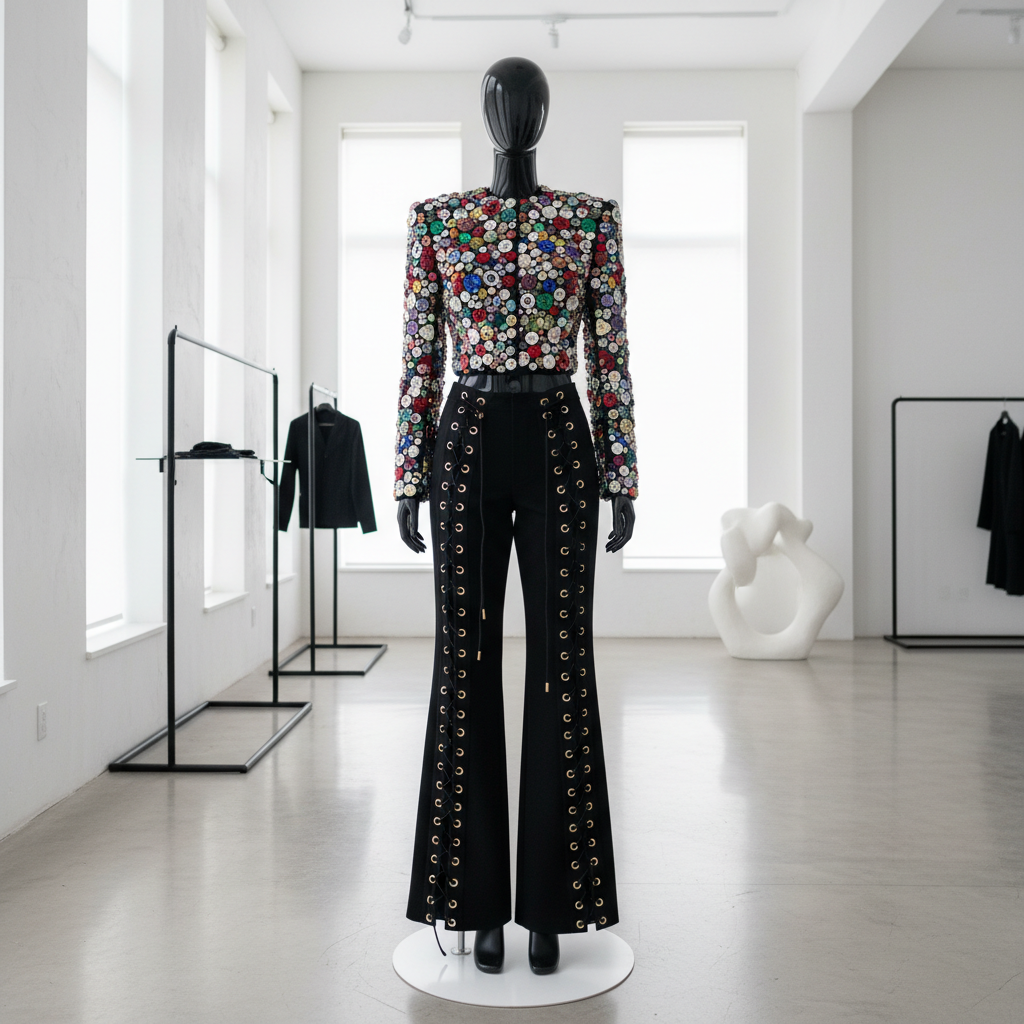 The Mosaic Button Set - A wearable art piece featuring a black cropped jacket hand-covered in hundreds o