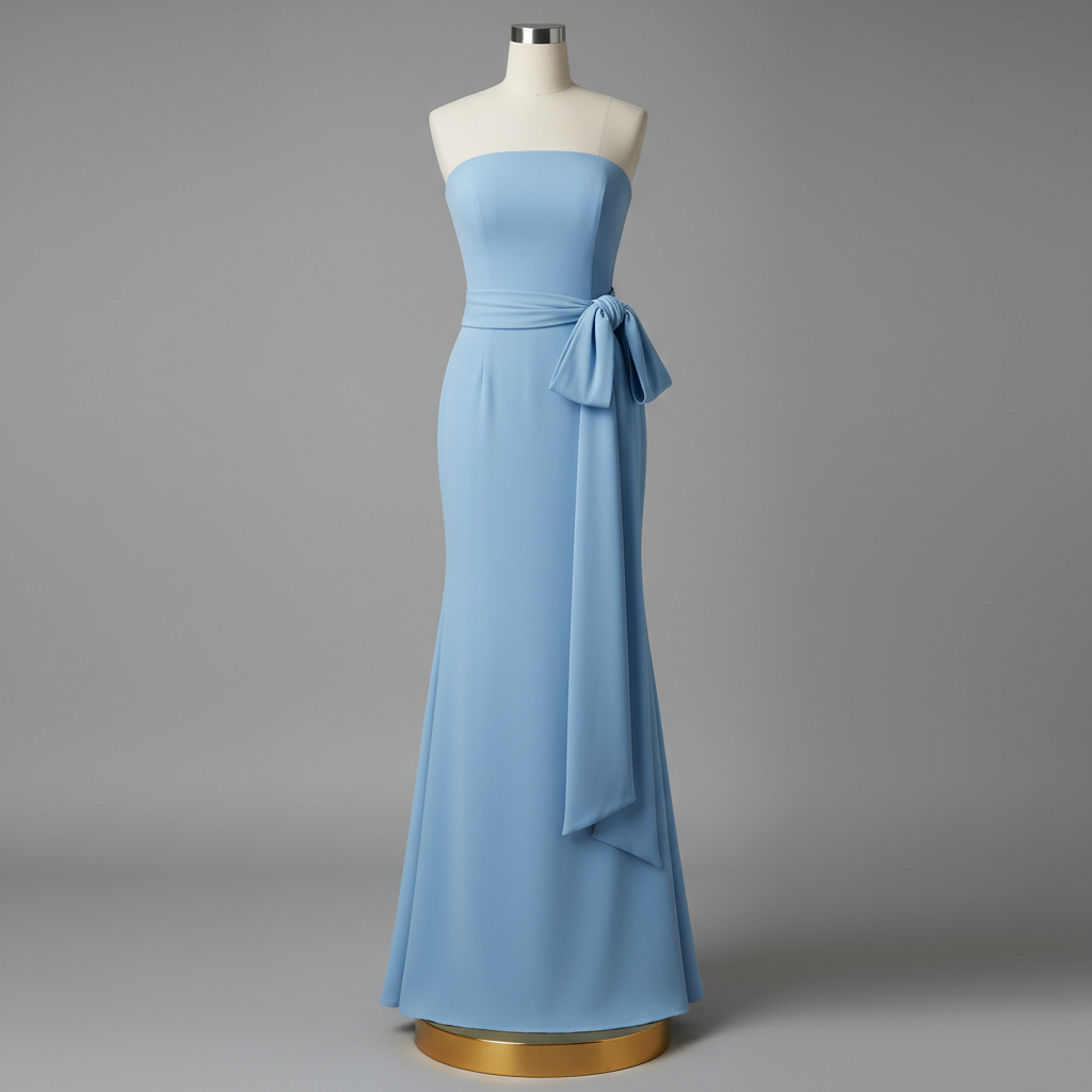 The Sky Blue Strapless Side-Knot Gown - A clean sky blue strapless mermaid maxi gown with a fabric sash tied in a dramat