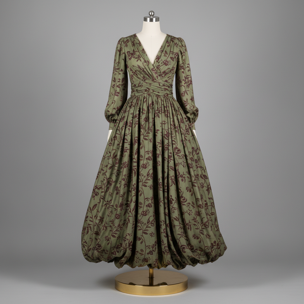 The Olive Botanical Ruched Gown - A dramatic long-sleeve olive/khaki green maxi gown with dark burgundy floral bot