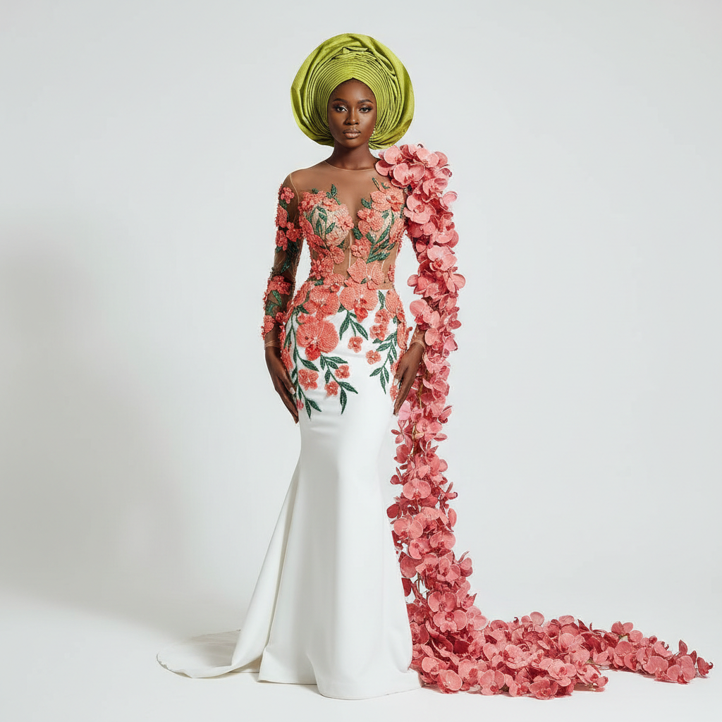 The Orchid Bloom Bridal - A romantic bridal-inspired gown with a sheer bodice adorned with 3D hand-beaded