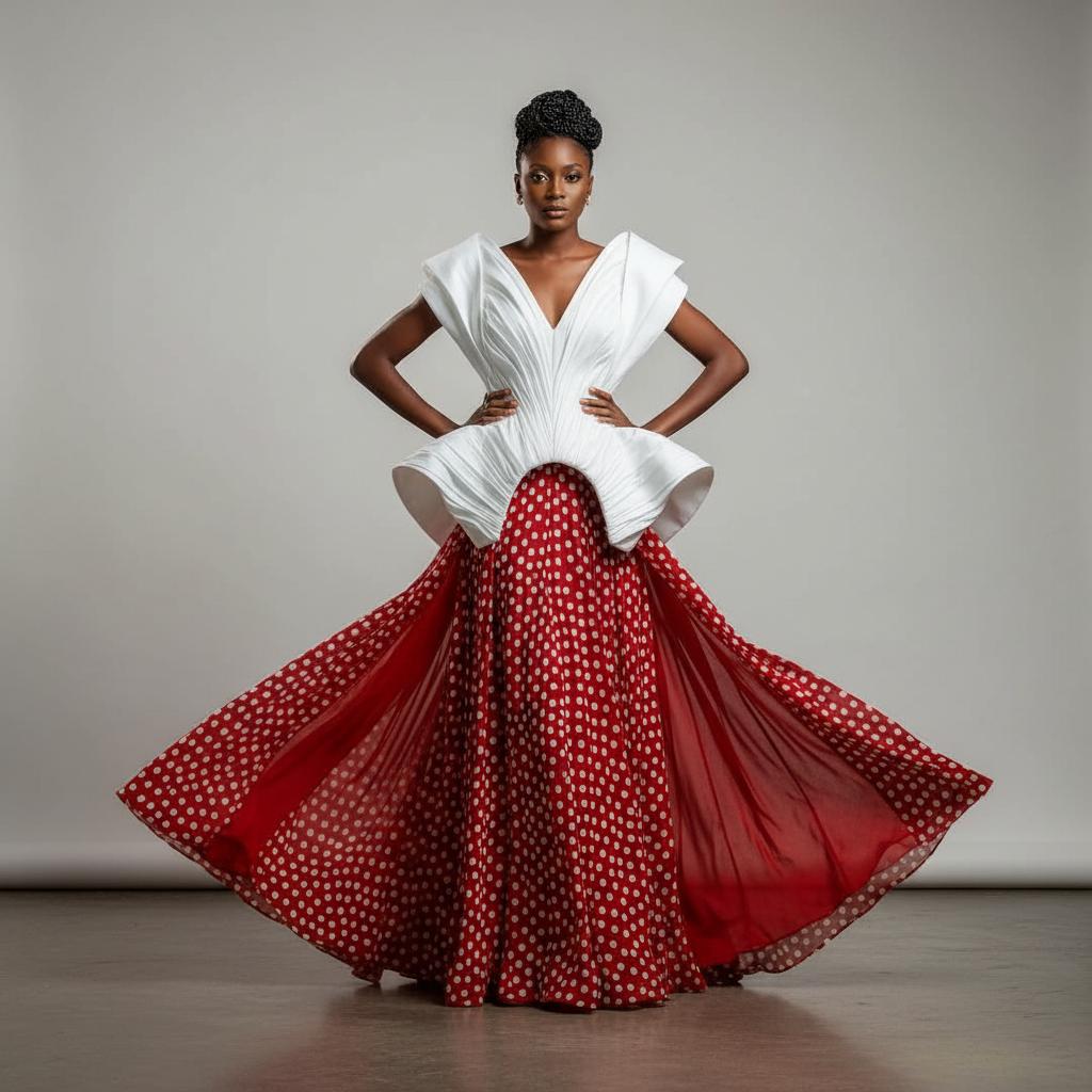Red & White Polka Dot Statement Gown - A dramatic red and white polka dot gown with sculptural white peplum top detail