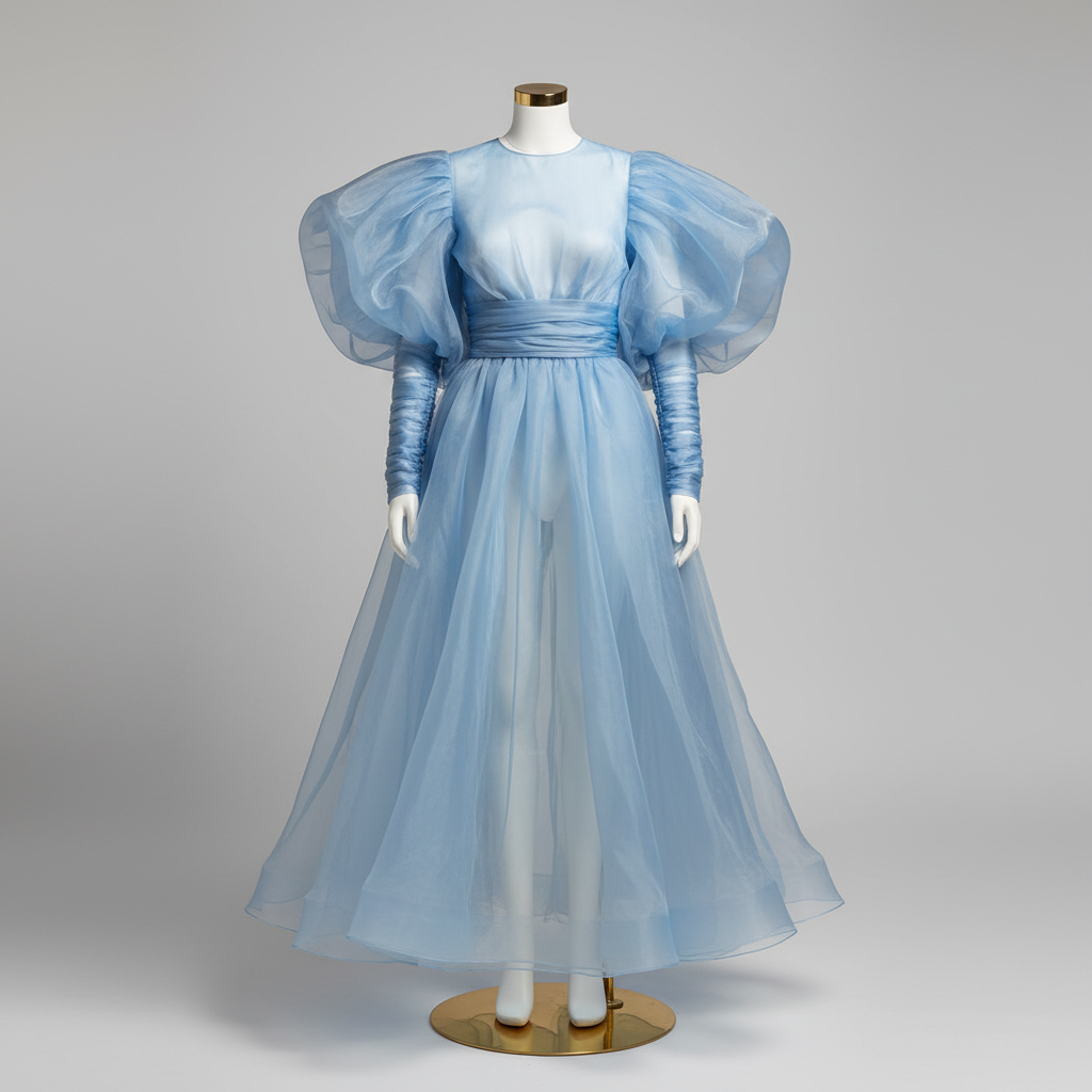 The Sky Blue Organdy Puff Sleeve Gown - A powder blue organdy dramatic gown with enormous structured puffed bishop sleev
