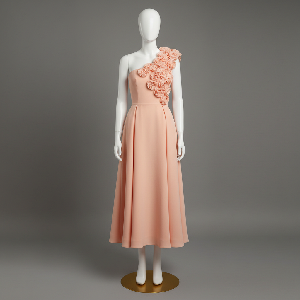 The Peach Rosette One-Shoulder Gown - A delicate peach/nude one-shoulder flowing A-line midi gown adorned with sculptu