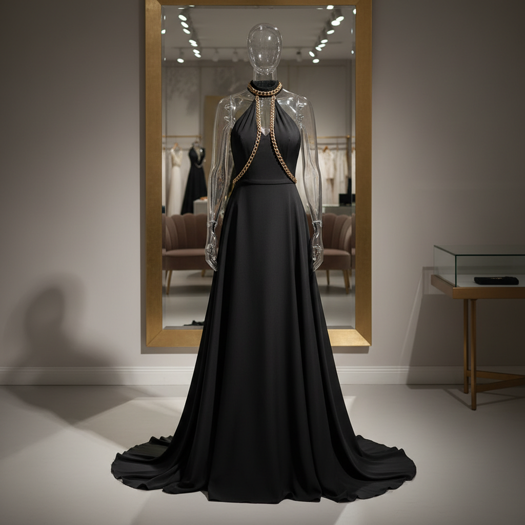 The Halter Chain Formal Gown - A sleek formal gown featuring a stunning halter neckline with a dramatic gold ch