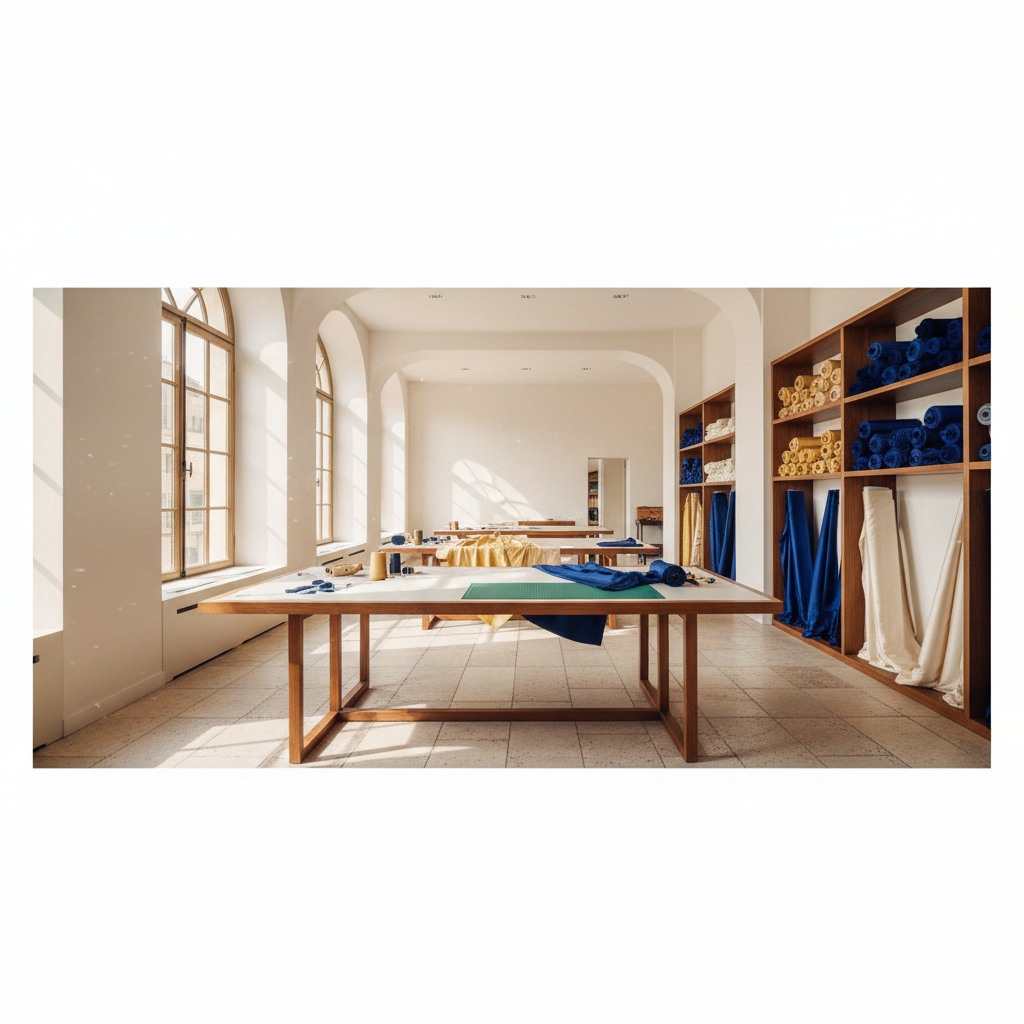 Nigerian artisan workshop with skilled craftswomen working on luxury garments