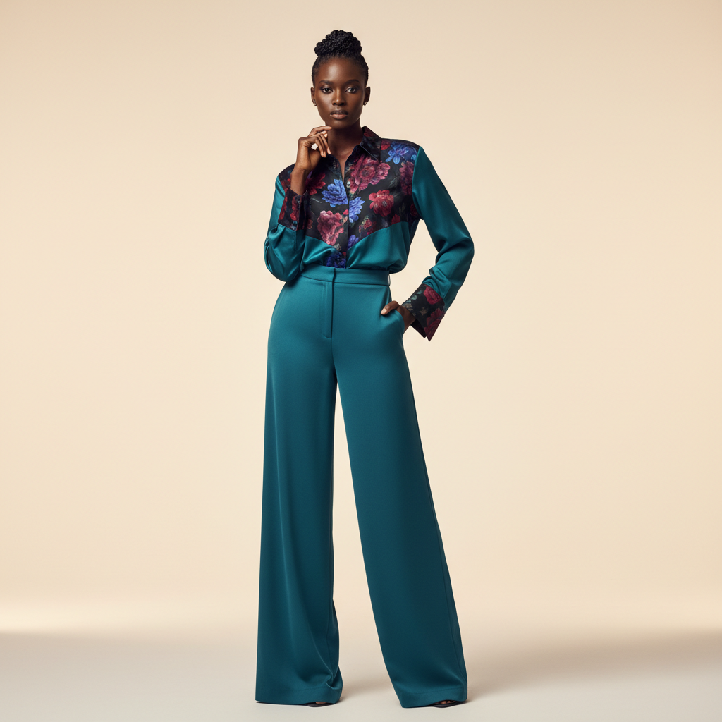 The Teal Floral Panel Shirt & Trouser Set - A relaxed yet refined two-piece set featuring a long-sleeve teal shirt with a bo