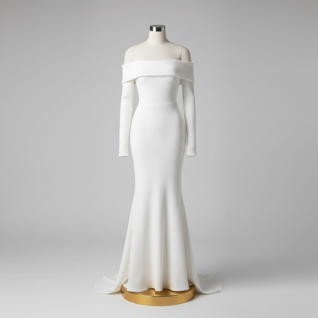 The White Ribbed Off-Shoulder Mermaid - A sleek white off-shoulder long-sleeve ribbed mermaid maxi gown with off-shoulde