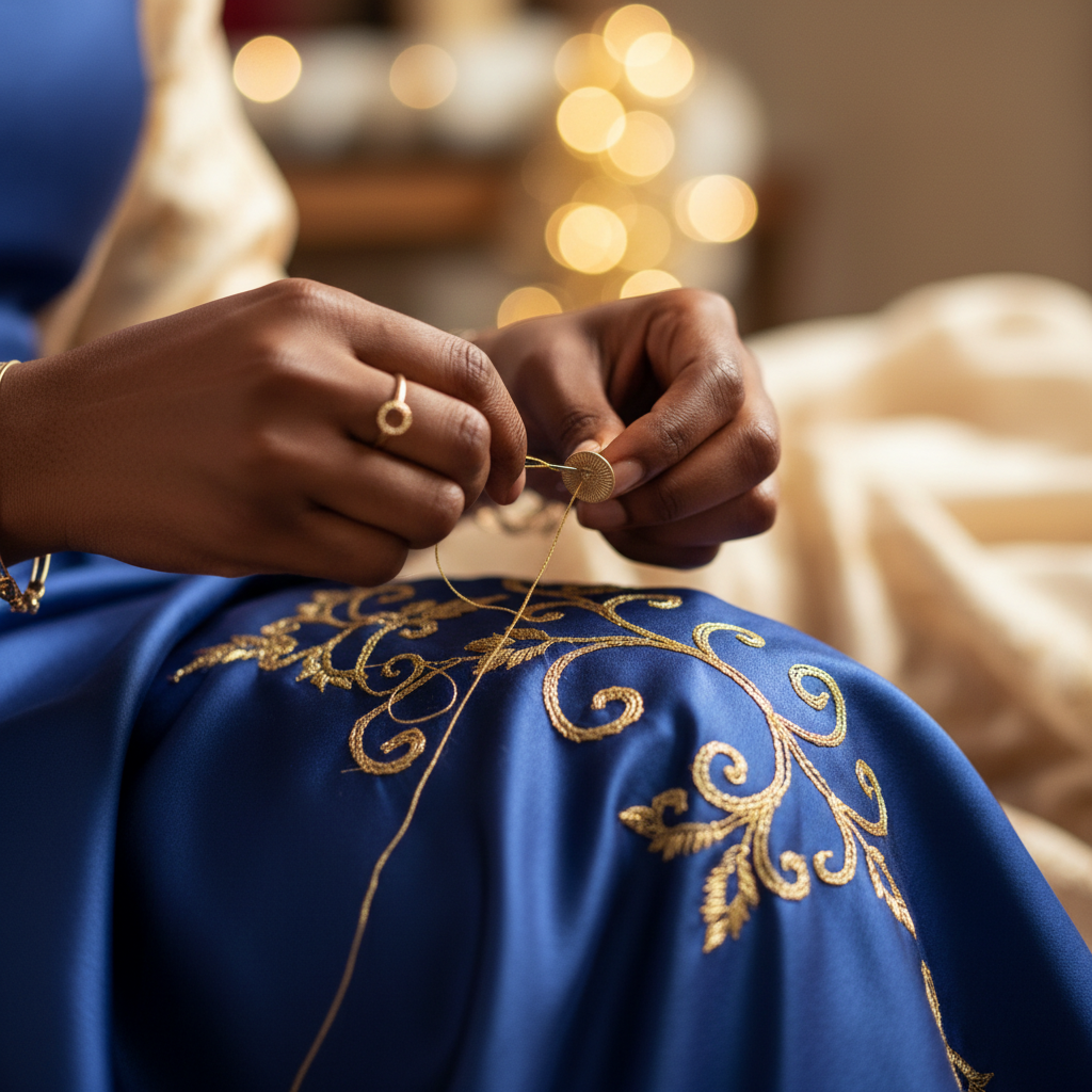 Artisan hands working with gold thread on royal blue silk, close-up of Nigerian textile craftsmanship