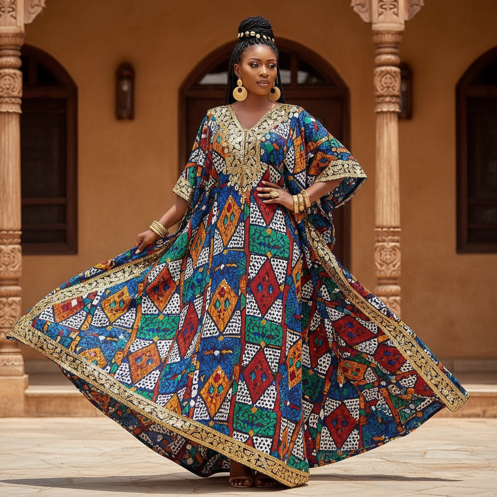 Multicolor Pattern Kaftan with Gold - A vibrant kaftan featuring intricate multicolor geometric designs with gold sequ