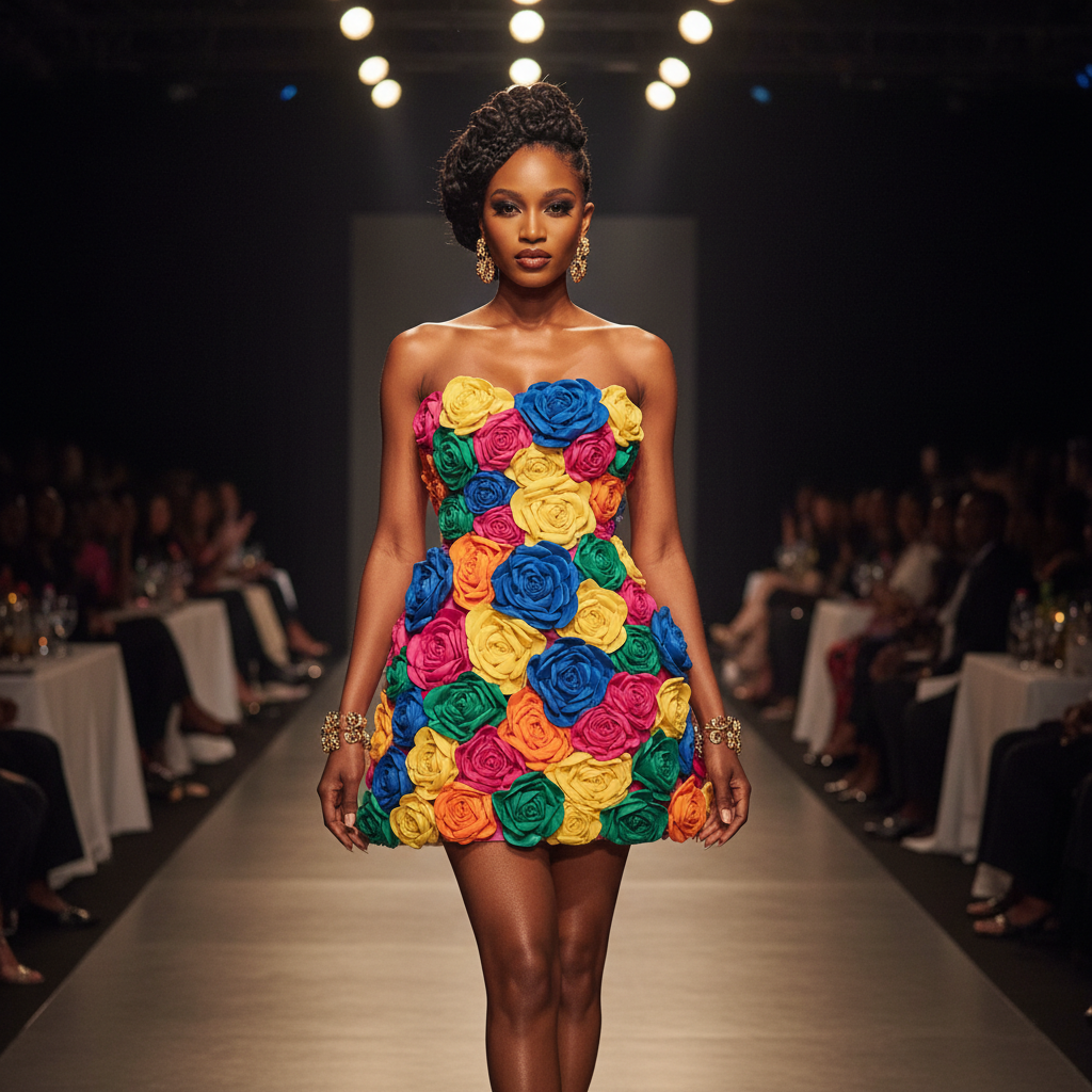 3D Floral Lace Mini Dress - A striking strapless mini dress adorned with dimensional 3D floral appliqués in