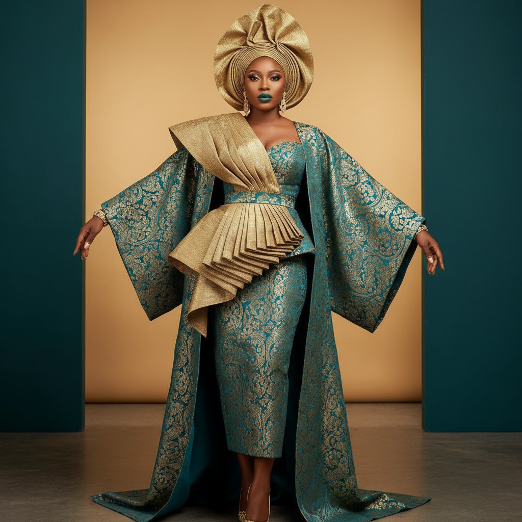 Teal & Gold Brocade Two-Piece - A luxurious teal and gold brocade ensemble featuring sculptural gold draping and