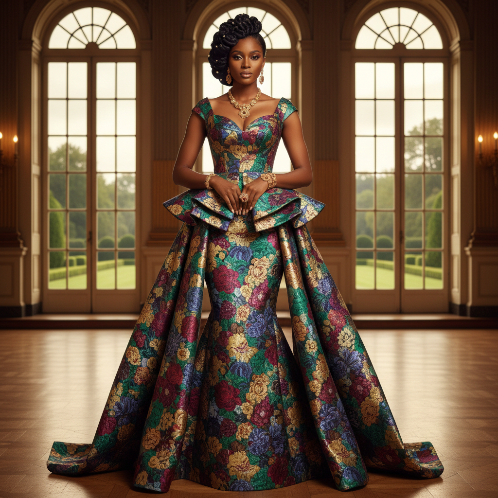 Floral Brocade Dress - An exquisite dress with rich jewel-tone floral brocade patterns and elegant cons