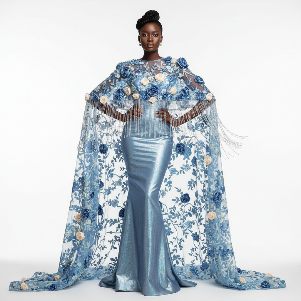 The Azure Rose Cape Gown - A powder blue mermaid gown with a sheer embroidered capelet adorned with 3D silk