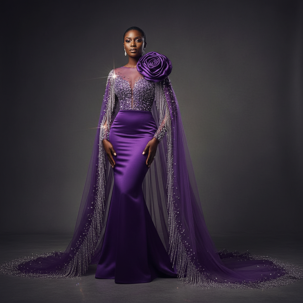 The Amethyst Cape Gown - A regal royal purple mermaid gown with sheer crystal-beaded long sleeves, a dram