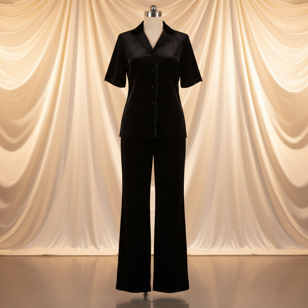 The Black Velvet Scallop Collar Set - An elegant all-black two-piece velvet set featuring a short-sleeve collared shir