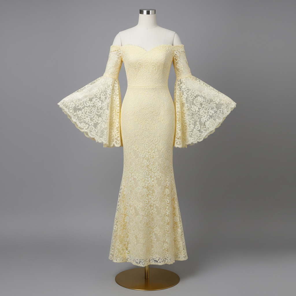 The Yellow Lace Bell-Sleeve Mermaid - A pastel yellow off-shoulder lace mermaid gown with dramatic bell-flare lace sle