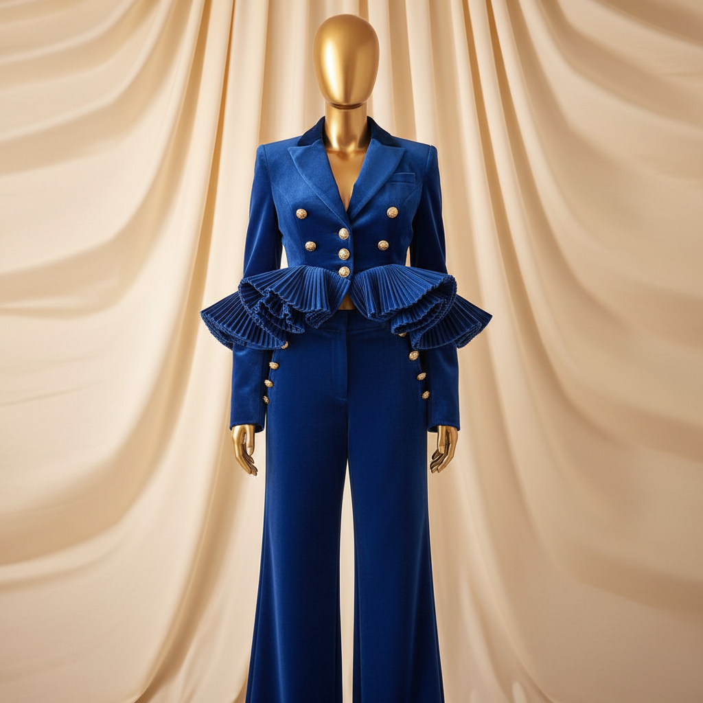 The Royal Blue Velvet Set - A stunning royal blue velvet two-piece featuring a cropped halter top with drama