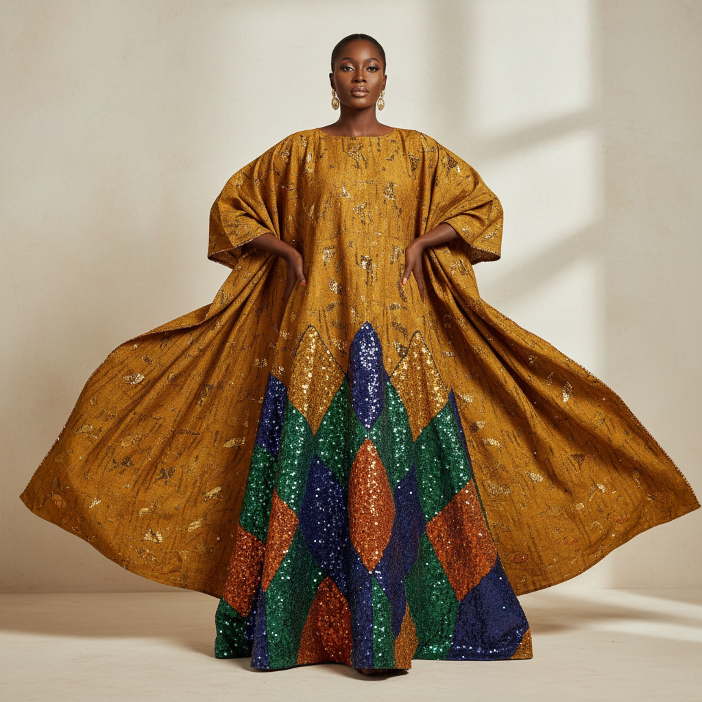 The Gold Patchwork Diamond Kaftan - A dramatic gold/mustard adire kaftan with vibrant diamond and stripe patchwork a