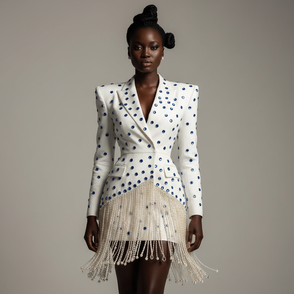 The Pearl Chain Blazer Dress - A sharp white structured blazer dress embellished with sapphire blue gemstone do
