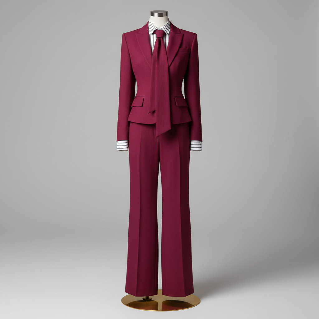 The Wine Tie Blazer Trouser Set - A sharp structured three-piece set in bold magenta wine: a fitted cropped blazer