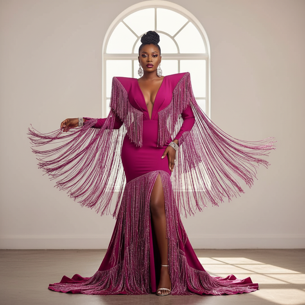 Magenta Cape Shoulder Gown - A stunning magenta gown featuring dramatic cape shoulders with hand-applied frin