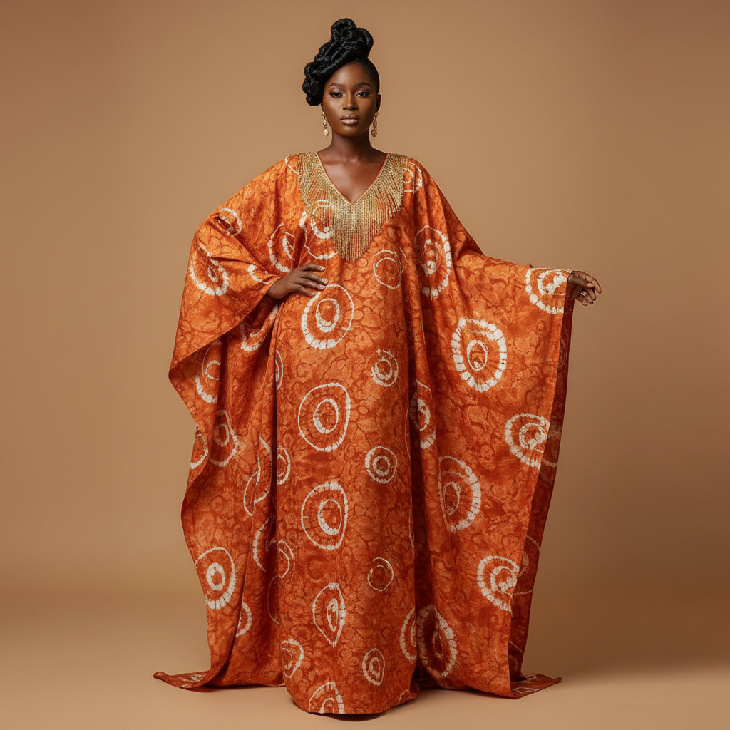 The Orange Adire Circle Batik Kaftan - A vibrant orange/amber adire tie-dye batik kaftan with white abstract circle and
