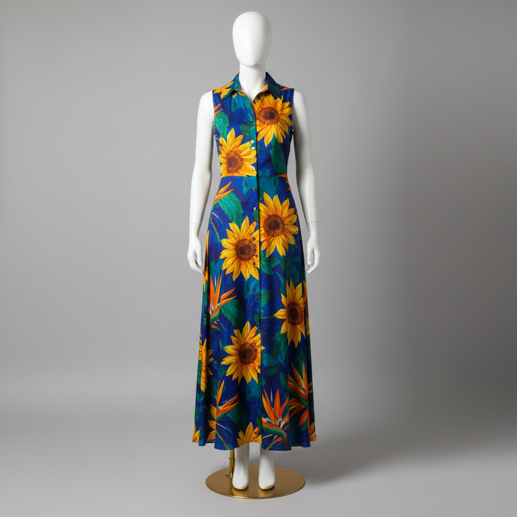 The Sunflower Abstract Maxi - A bold vibrant sleeveless maxi dress with abstract sunflower and tropical bird-o