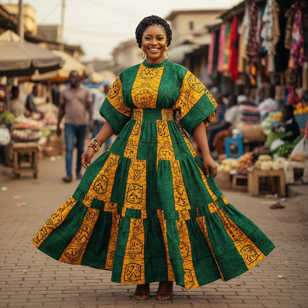Green & Yellow Tiered Print Dress - A joyful tiered dress featuring green and yellow print blocks, creating a playfu