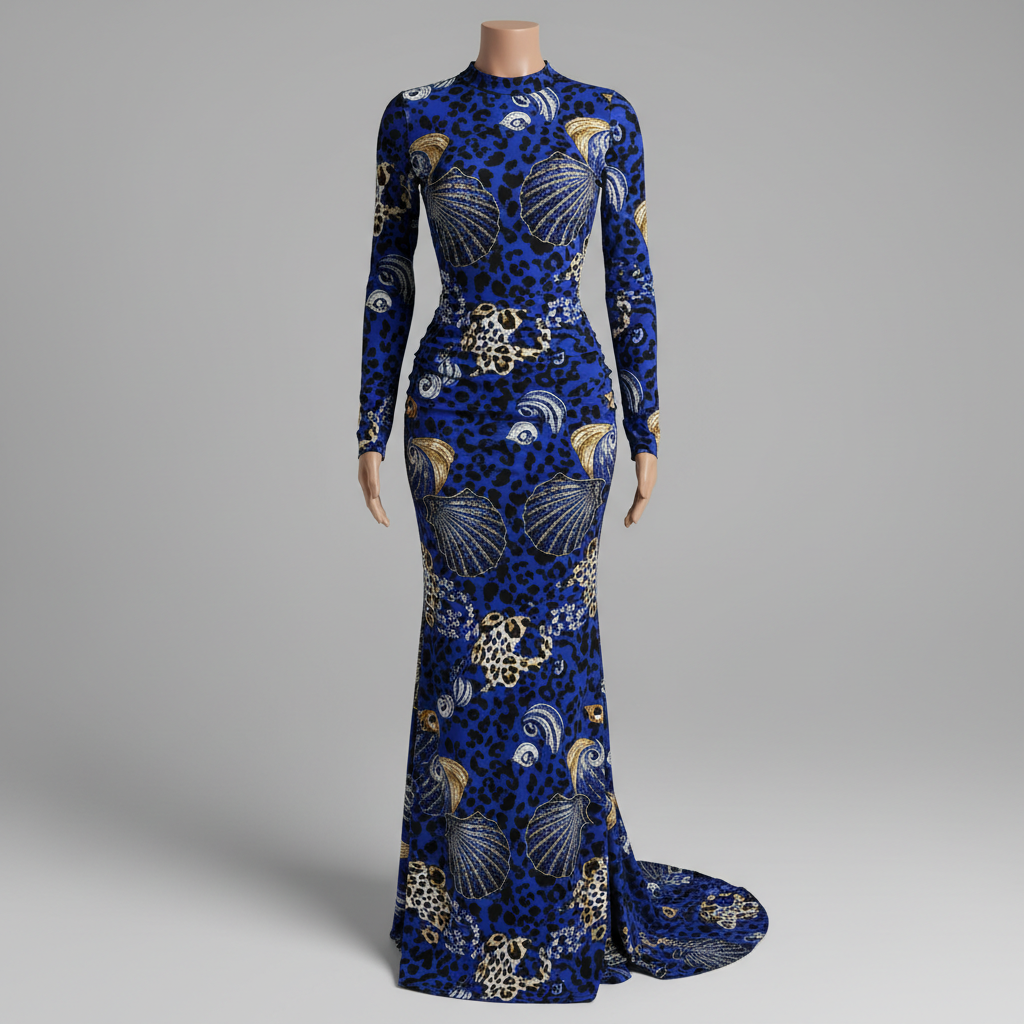 The Royal Blue Seashell Bodycon Gown - A striking royal blue all-over abstract seashell/leopard spot print long-sleeve